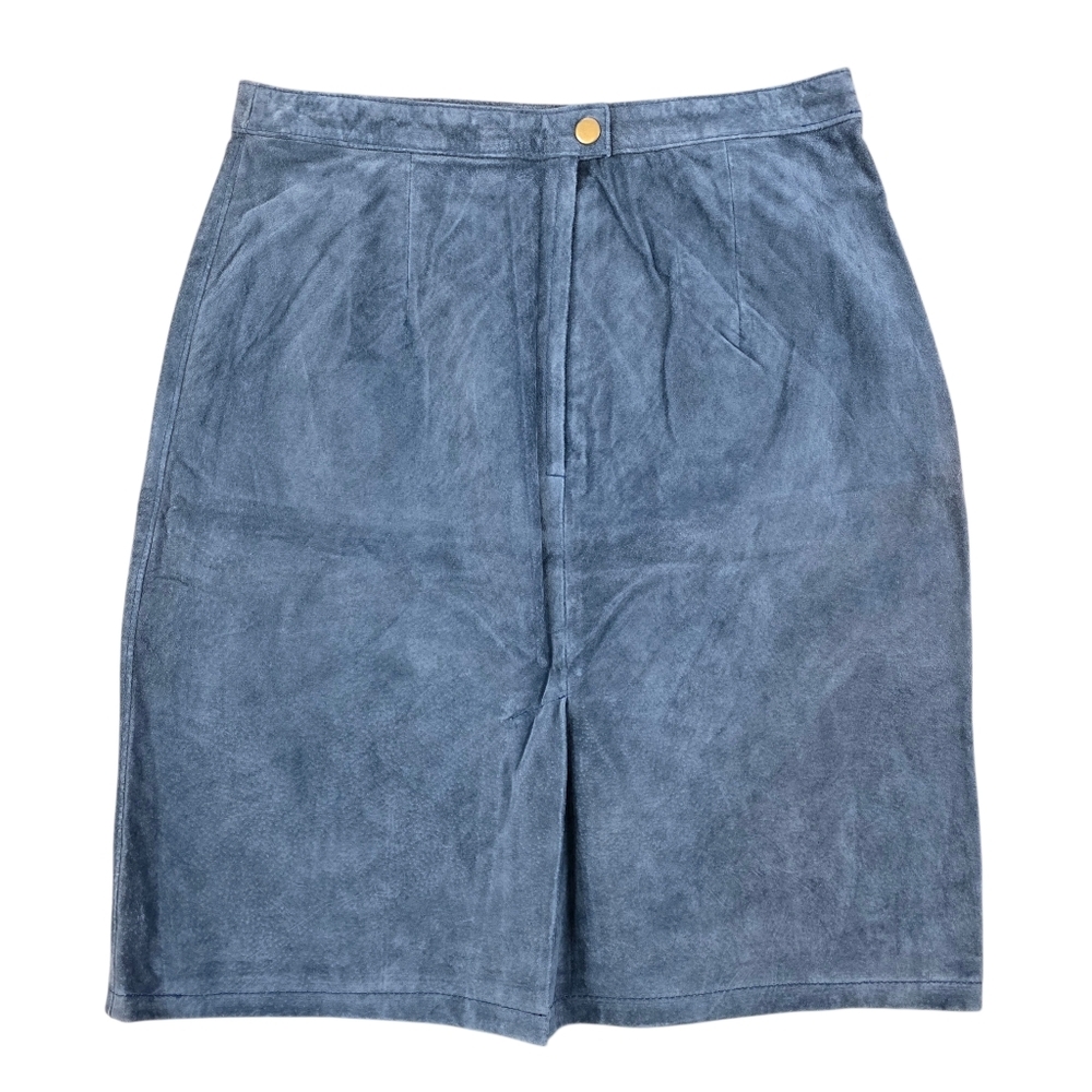 Vintage 90s Dusky Blue Genuine Suede Leather Pencil Skirt 11/12 Lined Midi - Picture 2 of 6